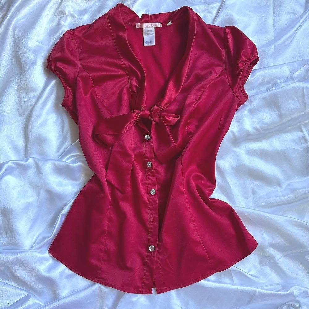 Free 2 Luv Red Satin Bow Tie Front Blouse Rhinestone Button Puff Sleeve Small